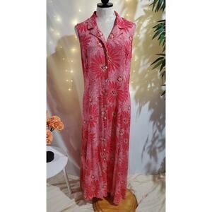 Vtg 90s Y2K JBS Ltd Shell Button Floral Smocked Maxi Dress Size 14 Pink Fairy
